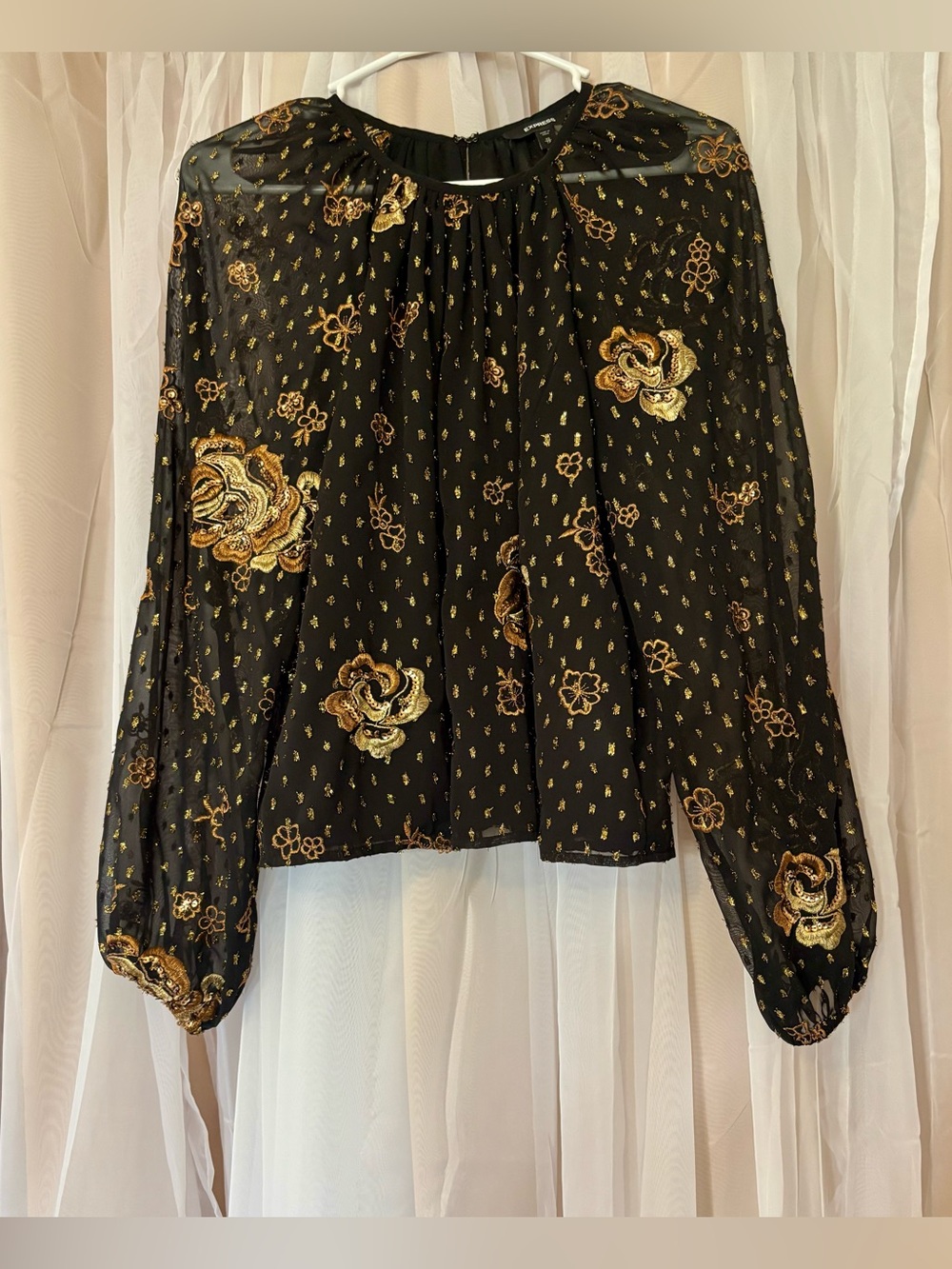 Express Size XS Black Blouse with Gold Floral Embroidery Balloon Sleeves